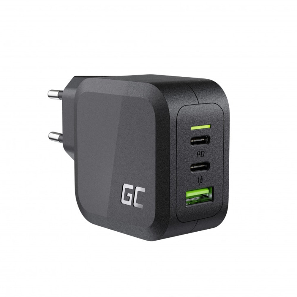 Green Cell PowerGaN 65 W vegglader med 2 x USB-C og 1 x USB QC 3.0 / GaN-lader / USB-C-lader