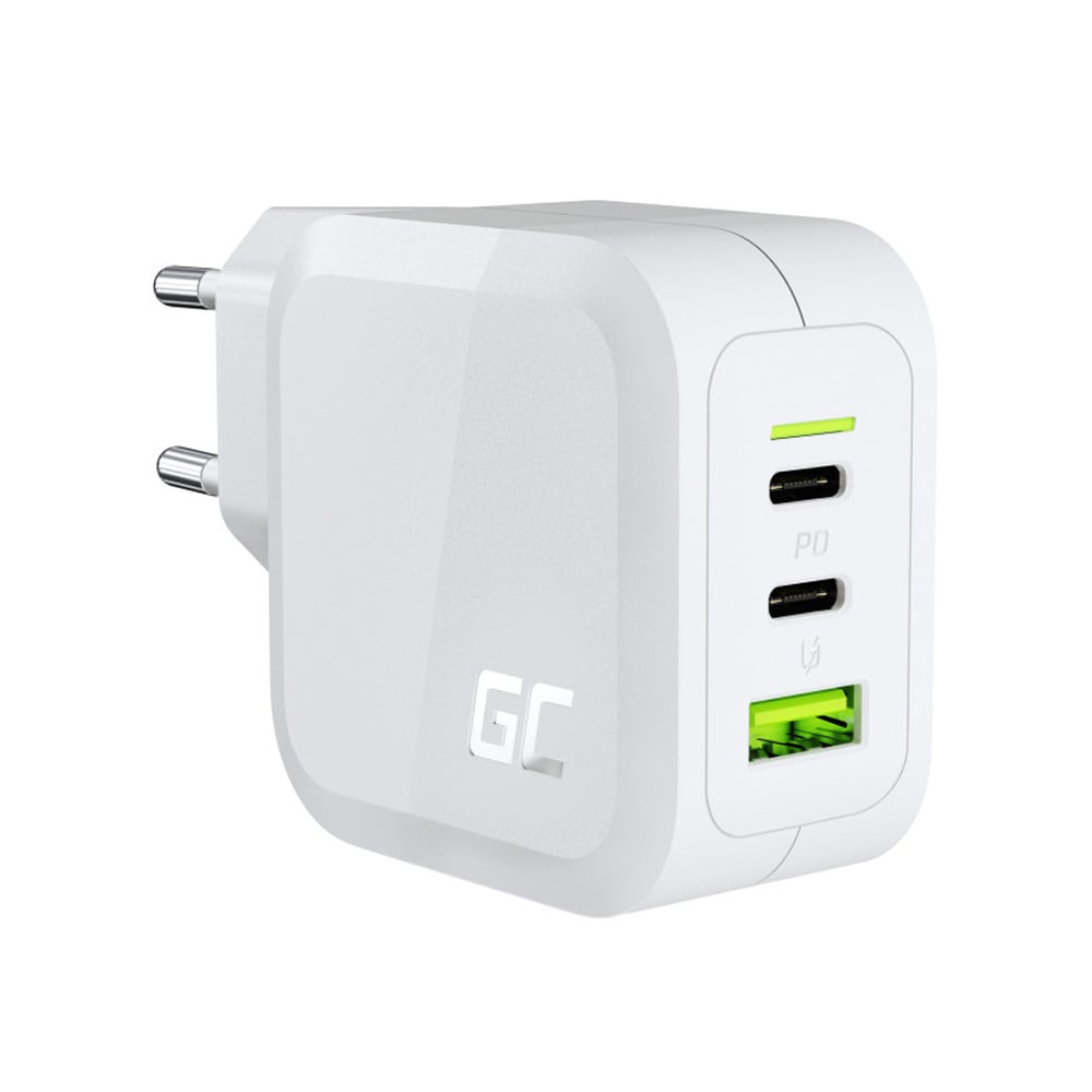 Green Cell PowerGaN 65 W vegglader med 2x USB-C og 1x USB QC 3.0 – Hvit / GaN-lader / USB-C-lader