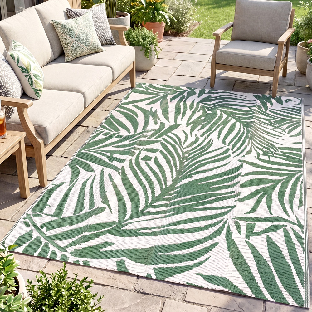 Værbestandig utendørsmatte 243 x 152 cm – grønn–hvit – Vendbar terrasse-matte – Sammenleggbar campingmatte
