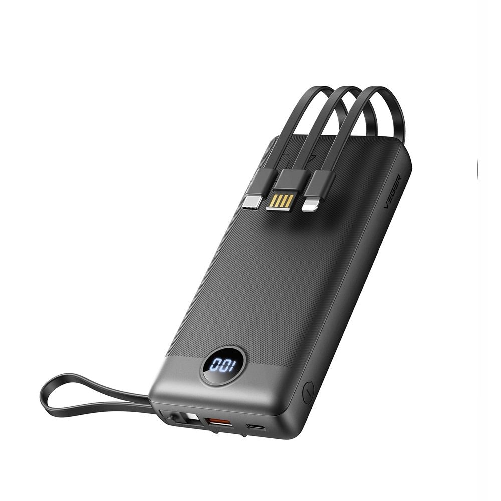 Veger C20 W2047–W2059 Powerbank 20 000 mAh med micro-USB–USB-C–Lightning-kabel – Svart – Ekstra batteri