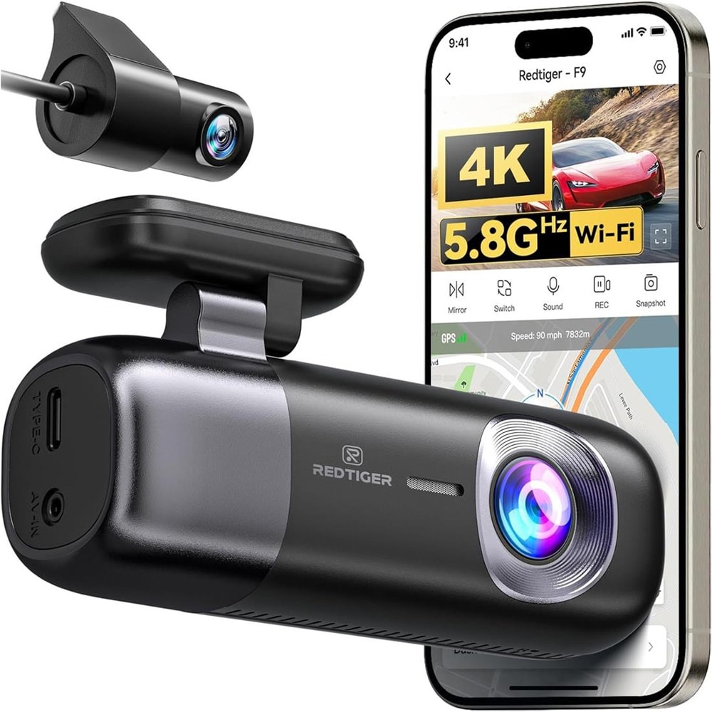 Redtiger F9 4K Dual Mini Dash Cam / Bilkamera foran og bak / Dashcam med GPS og Wi-Fi