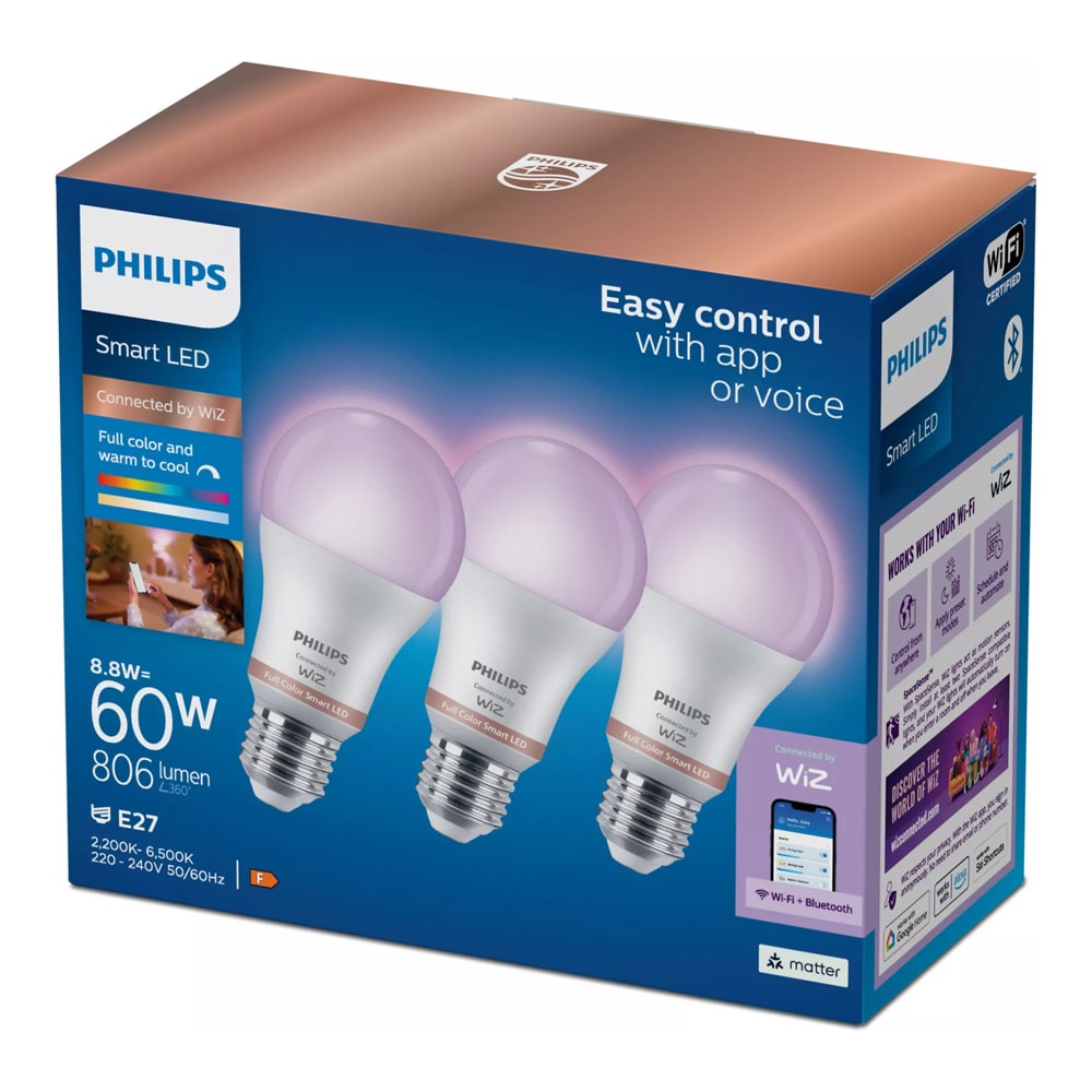 Philips RGB Smart-lampe E27 A60 8,8 W, 3-pakning / WiFi-LED-lampe / RGB-smartlampe 806 lm