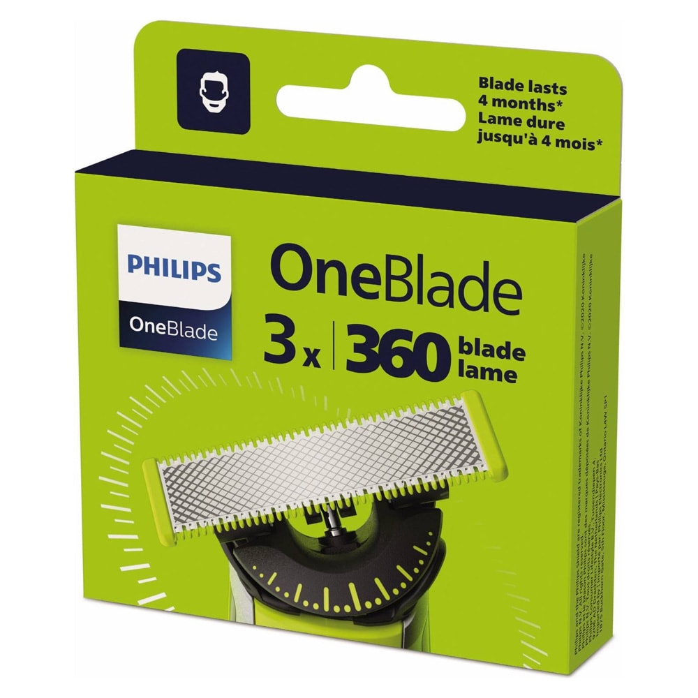 Philips OneBlade QP936/50 barberhode / 3-pakning med erstatningsblad / 360-, Anti-friction- og Intimate-blad