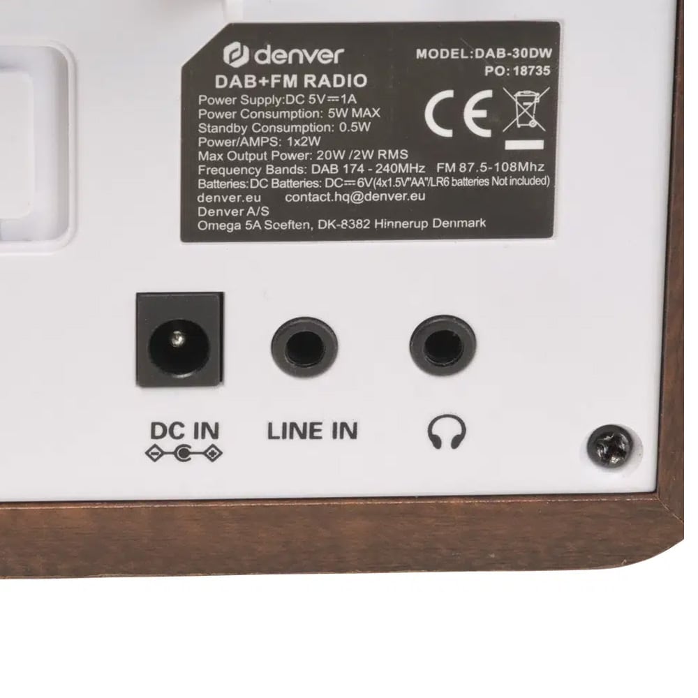 Denver DAB-30DW DAB+/FM-radio / Bærbar DAB-radio / Klokkeradio med trefinish