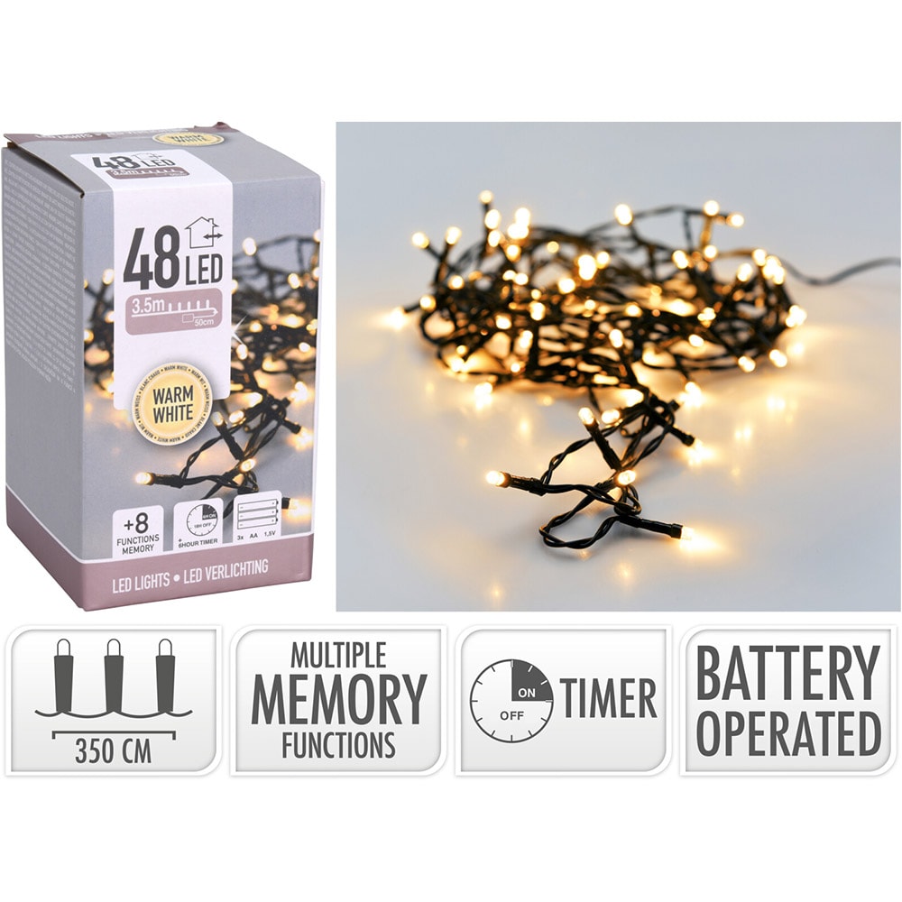 Batteridrevet lysslynge med 48 LED-pærer og varmhvitt lys / Dekorasjonsslynge / LED-batterislynge