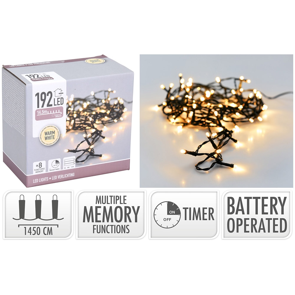 Batteridrevet lysslynge med 192 LED-pærer og varmhvitt lys / Dekorasjonsslynge / LED-batterislynge