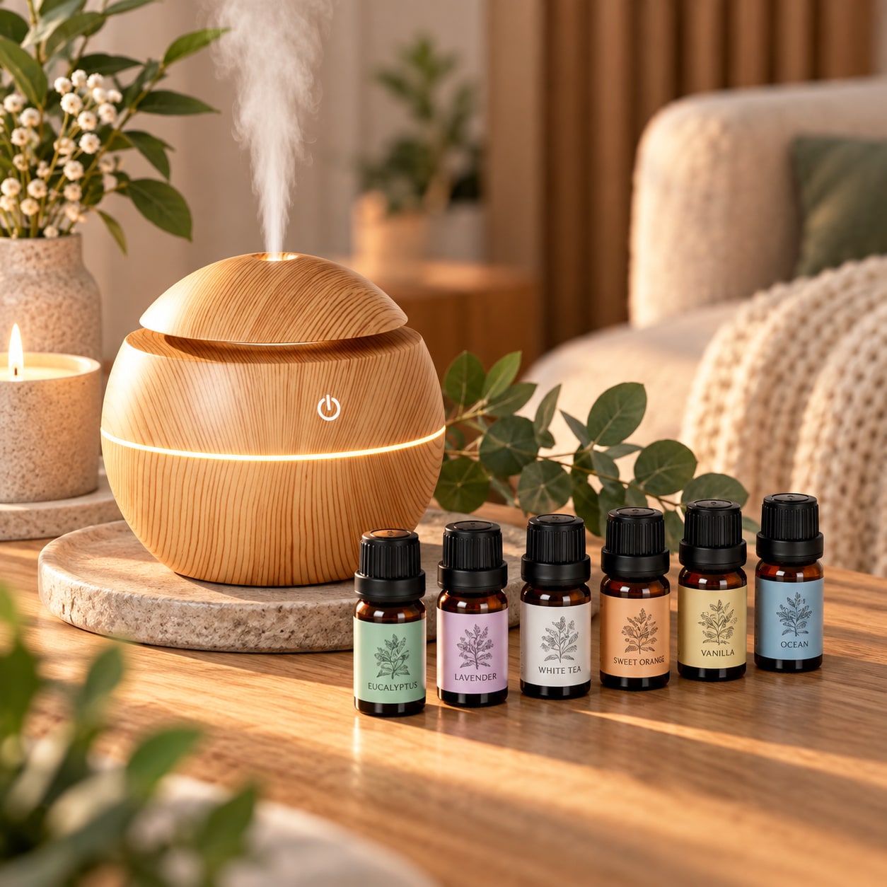 Luftfukter med 6 essensielle oljer / USB-drevet aromadiffusor / Duftdiffusor til hjemmet