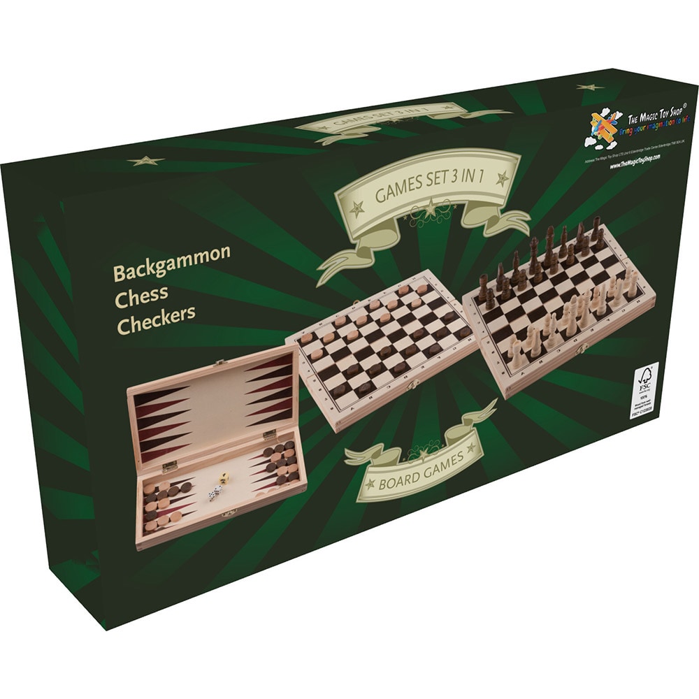 Bordspill 3-i-1 – Dam, Backgammon og Shack / Sammenleggbart brettspill / Spillsett i tre med oppbevaringsboks