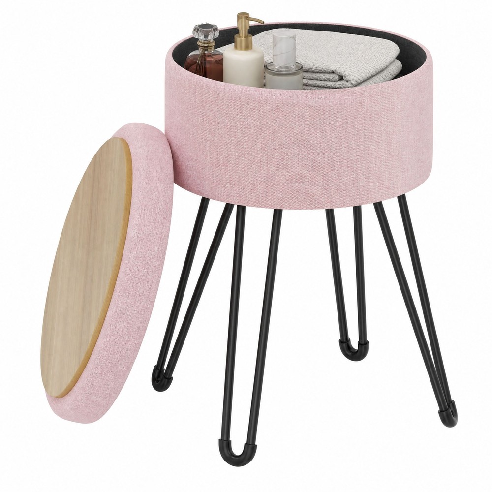 Sittpuff med förvaring i linnelook - Rosa/Svart