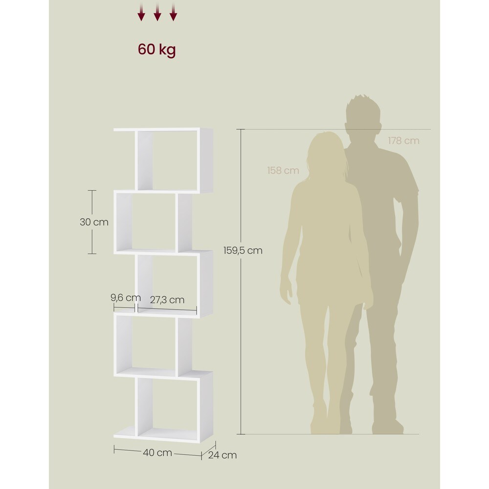 S-formad bokhylla med 5 hyllplan 40x160 cm - Vit