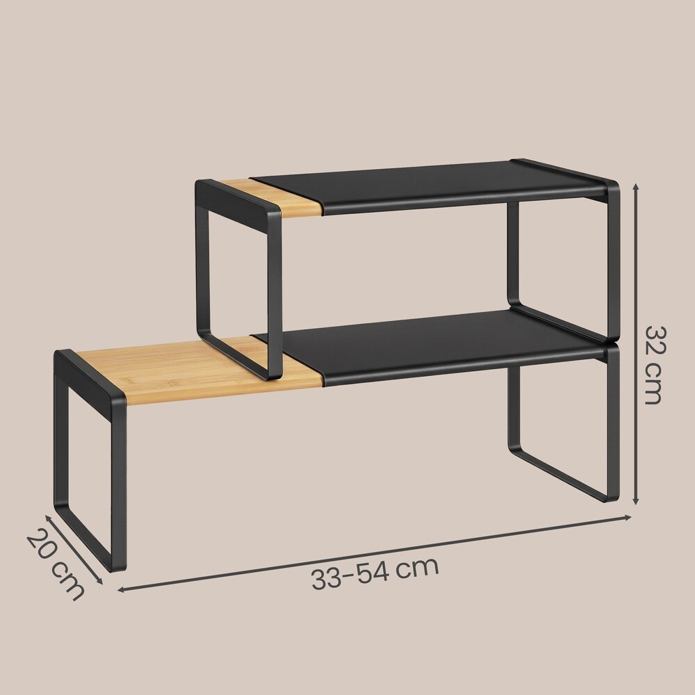 Utdragbara och stapelbara förvaringshyllor i bambu och metall 2-pack - Svart