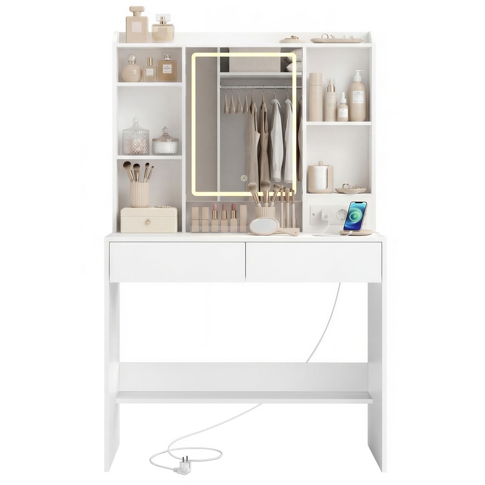 Sminkbord med LED-spegel och eluttag 90 cm - Vit