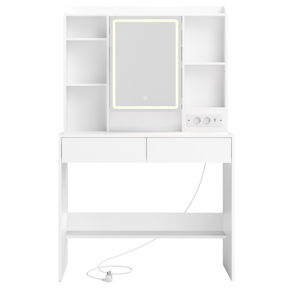 Sminkbord med LED-spegel och eluttag 90 cm - Vit