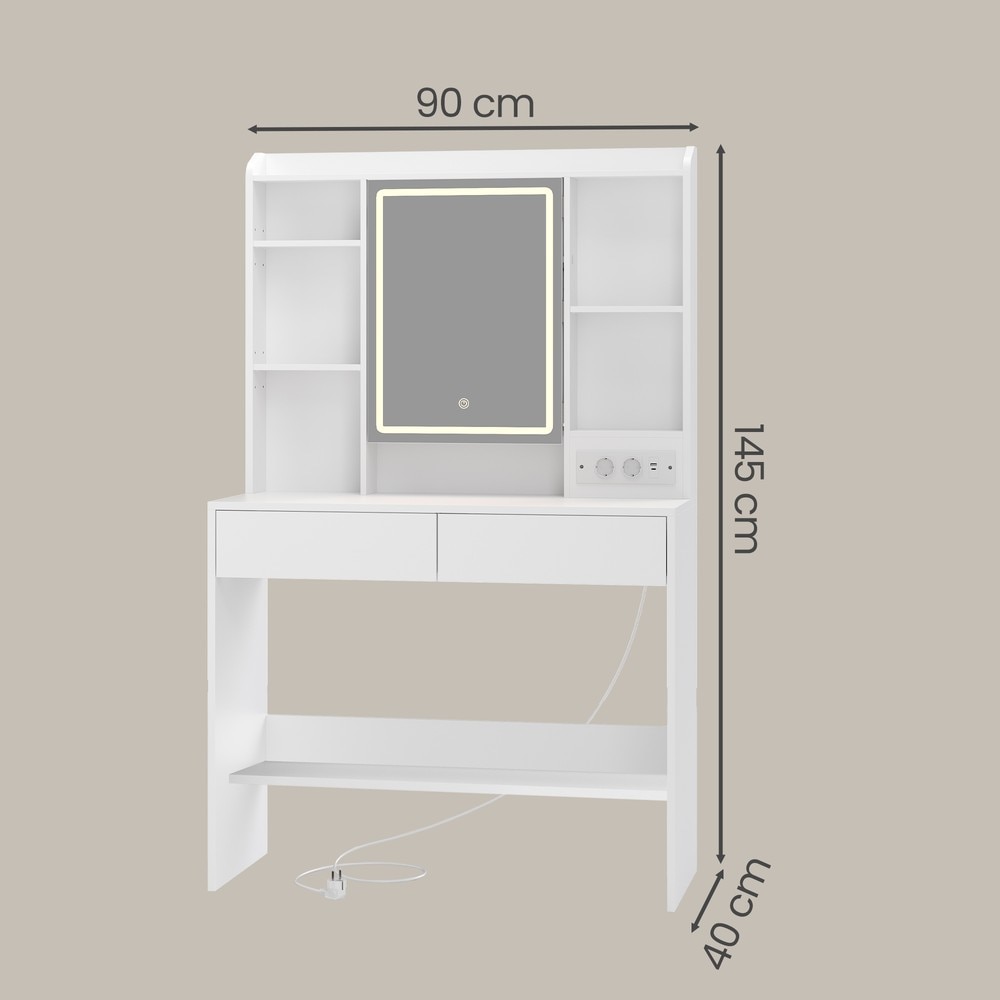 Sminkbord med LED-spegel och eluttag 90 cm - Vit