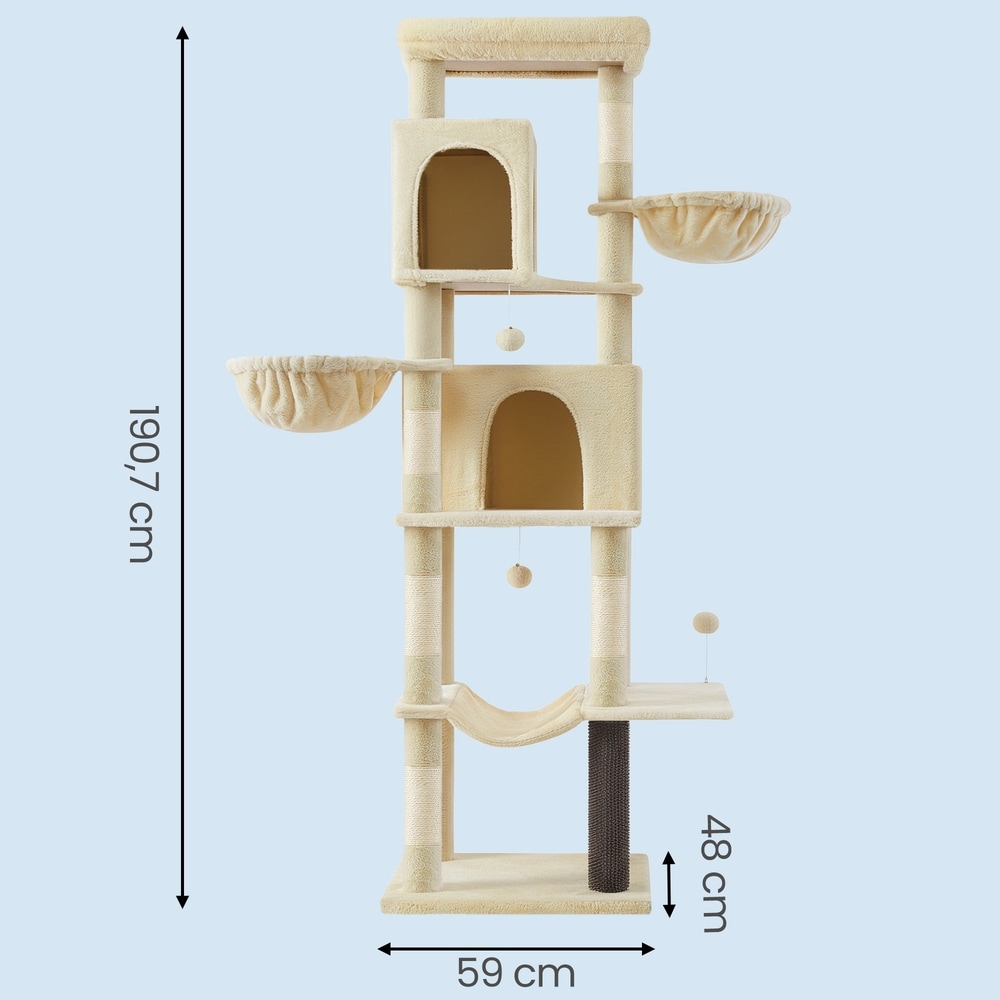 Stort klösträd XXL med 2 kattbon och 2 hängmattor 190 cm - Beige