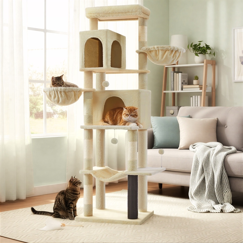 Stort klösträd XXL med 2 kattbon och 2 hängmattor 190 cm - Beige