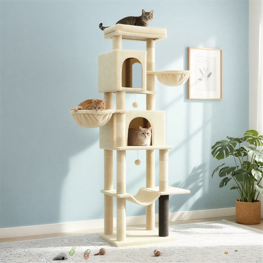Stort klösträd XXL med 2 kattbon och 2 hängmattor 190 cm - Beige