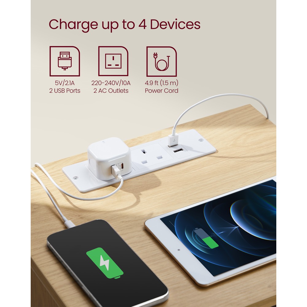 Sängbord med 3 lådor, eluttag och USB - Ek