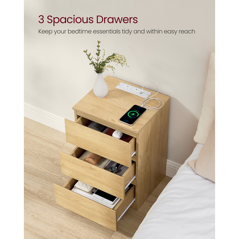 Sängbord med 3 lådor, eluttag och USB - Ek