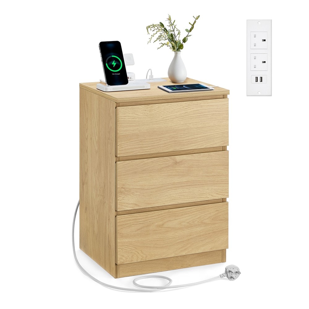 Sängbord med 3 lådor, eluttag och USB - Ek