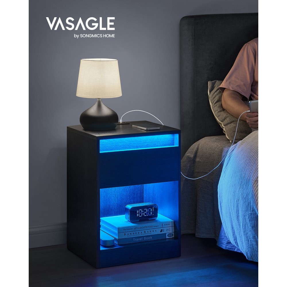 Sängbord med LED-belysning, eluttag, USB och låda - Svart ek