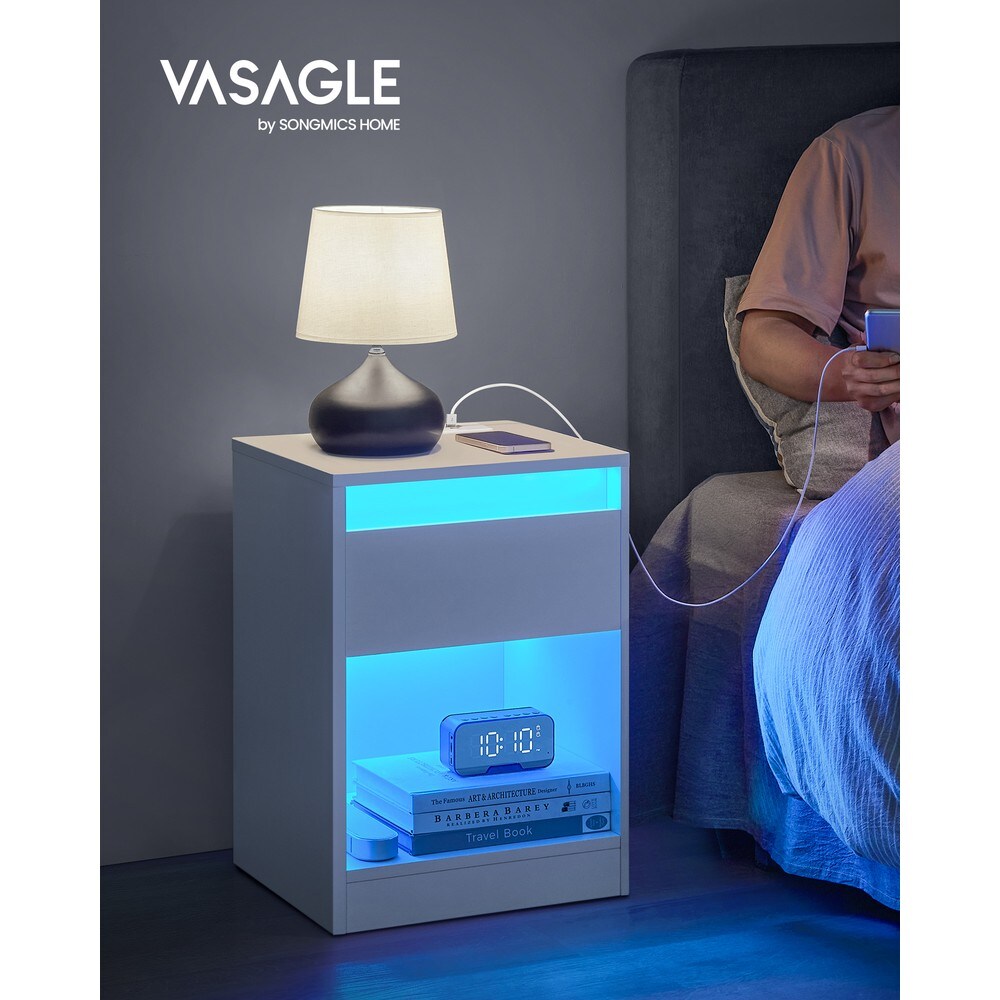 Sängbord med LED-belysning, laddstation och låda - Vit
