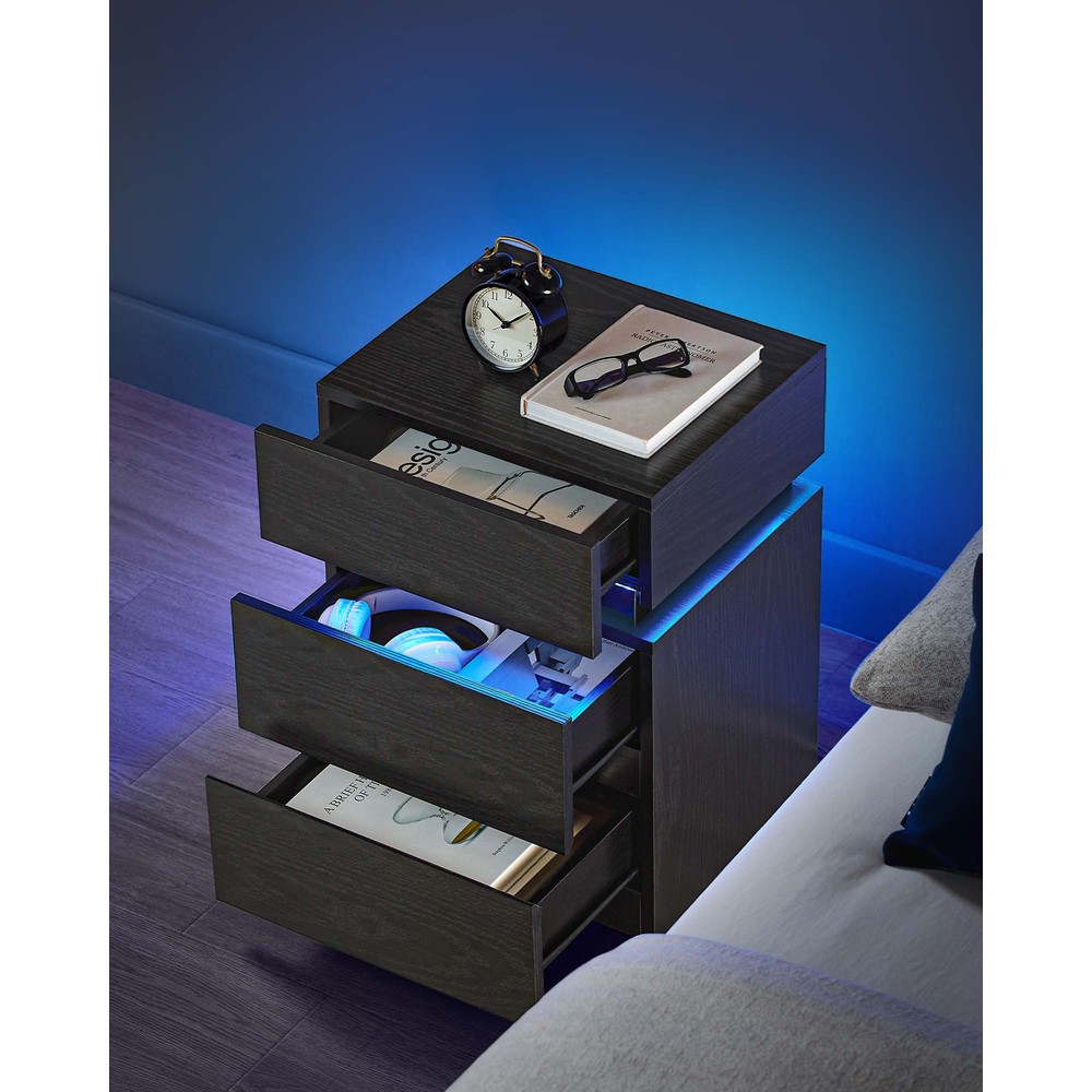 Sängbord med LED-belysning och 3 lådor 2-pack - Svart