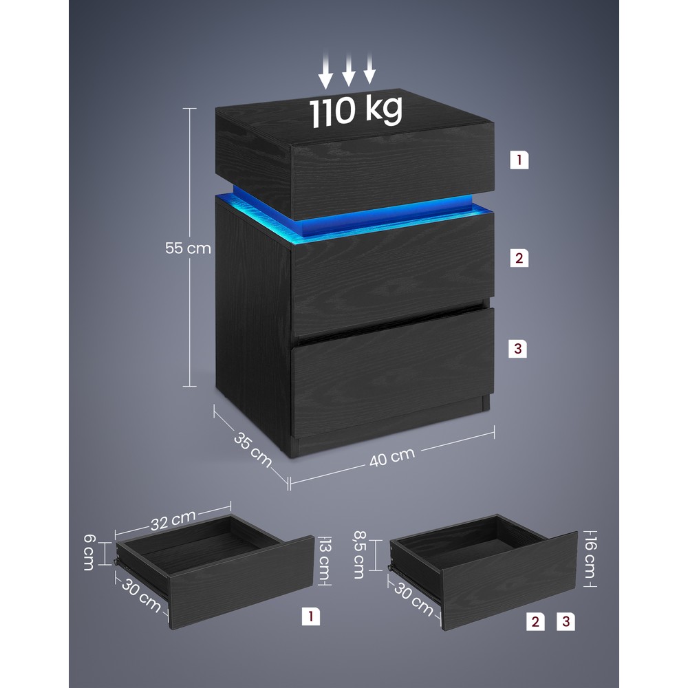 Sängbord med LED-belysning och 3 lådor 2-pack - Svart