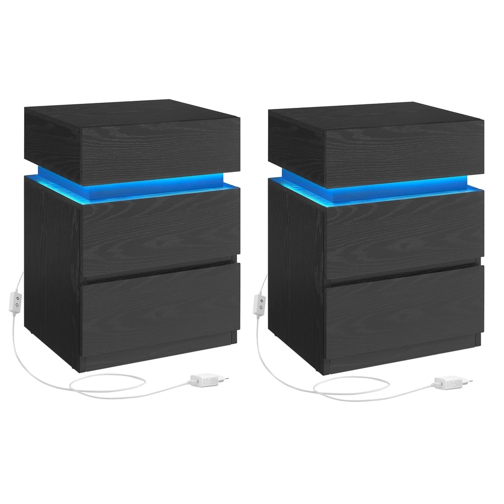 Sängbord med LED-belysning och 3 lådor 2-pack - Svart