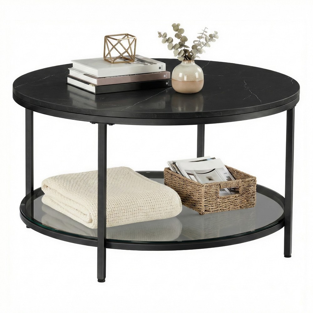 Soffbord i marmorlook med hylla 80 cm - Svart