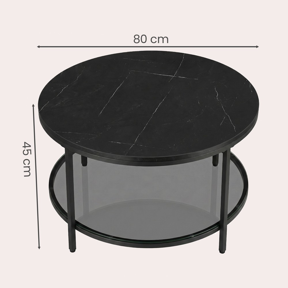 Soffbord i marmorlook med hylla 80 cm - Svart