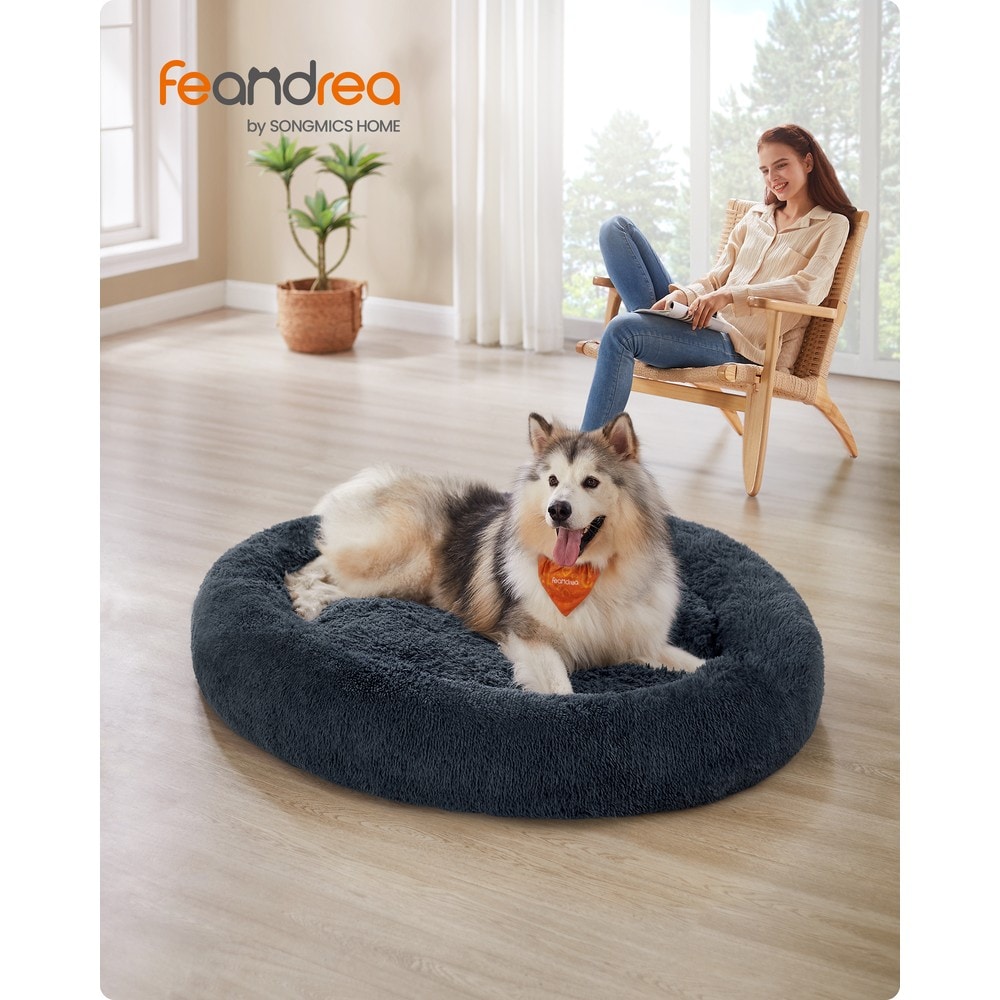 Rund hundeseng 140 cm med høy kant / Hundepute i lang plysj / Stor hundeseng med sklisikring