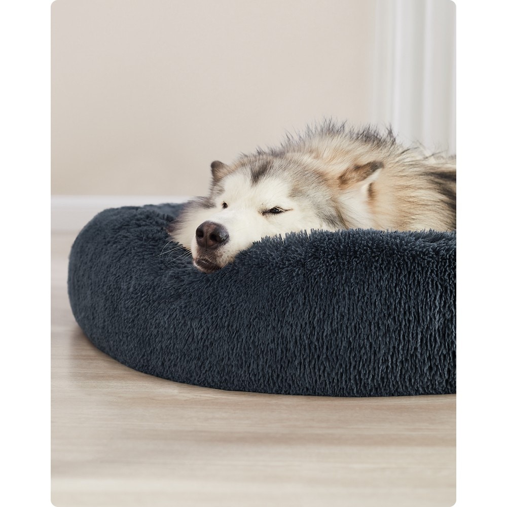 Rund hundeseng 140 cm med høy kant / Hundepute i lang plysj / Stor hundeseng med sklisikring