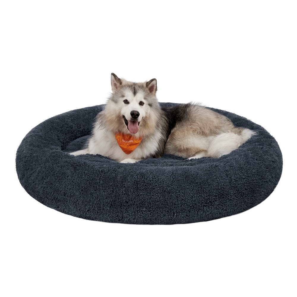 Rund hundeseng 140 cm med høy kant / Hundepute i lang plysj / Stor hundeseng med sklisikring