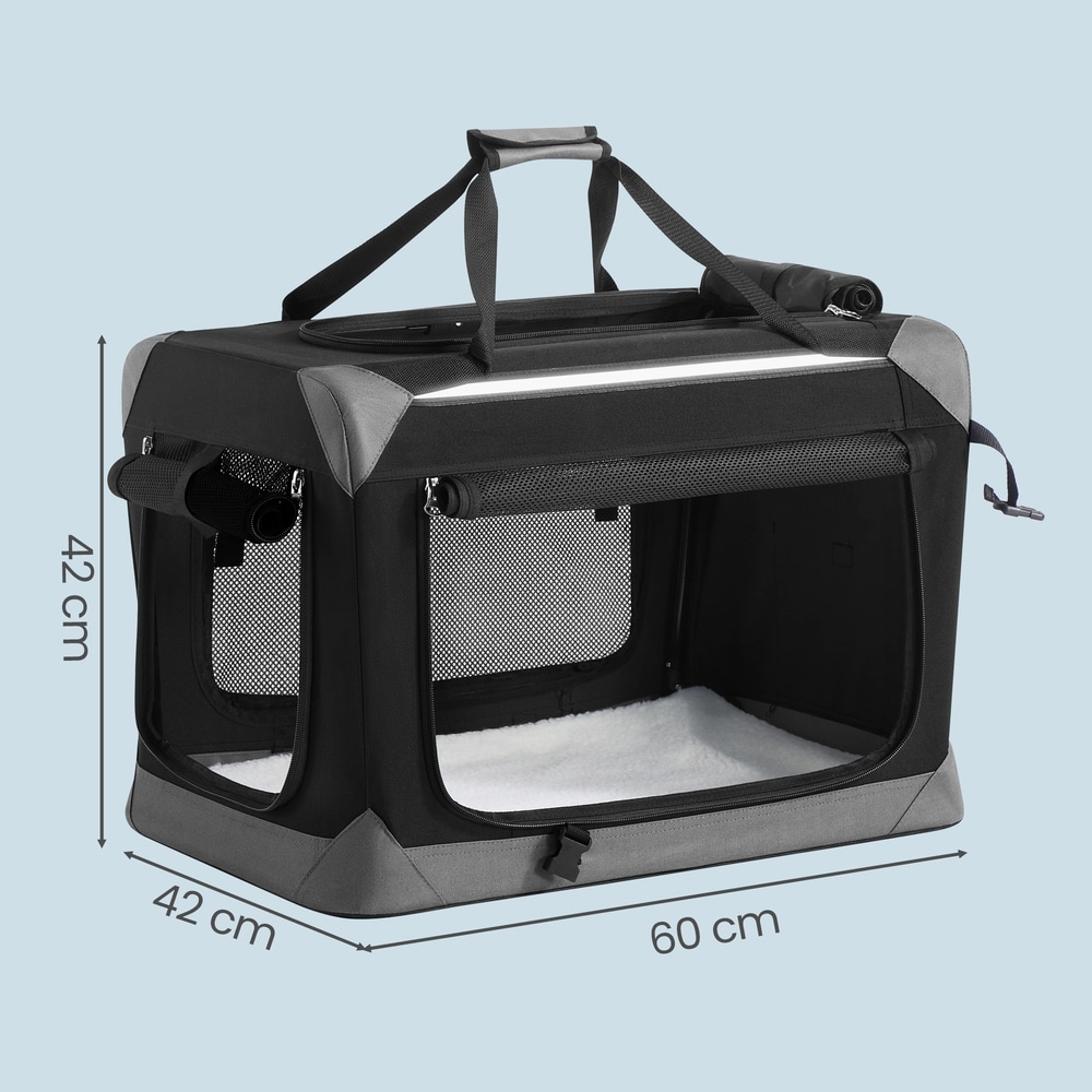 Sammenleggbar transportbur 60 cm / Hundebur med fire nettingdører / Svart og grå transportveske