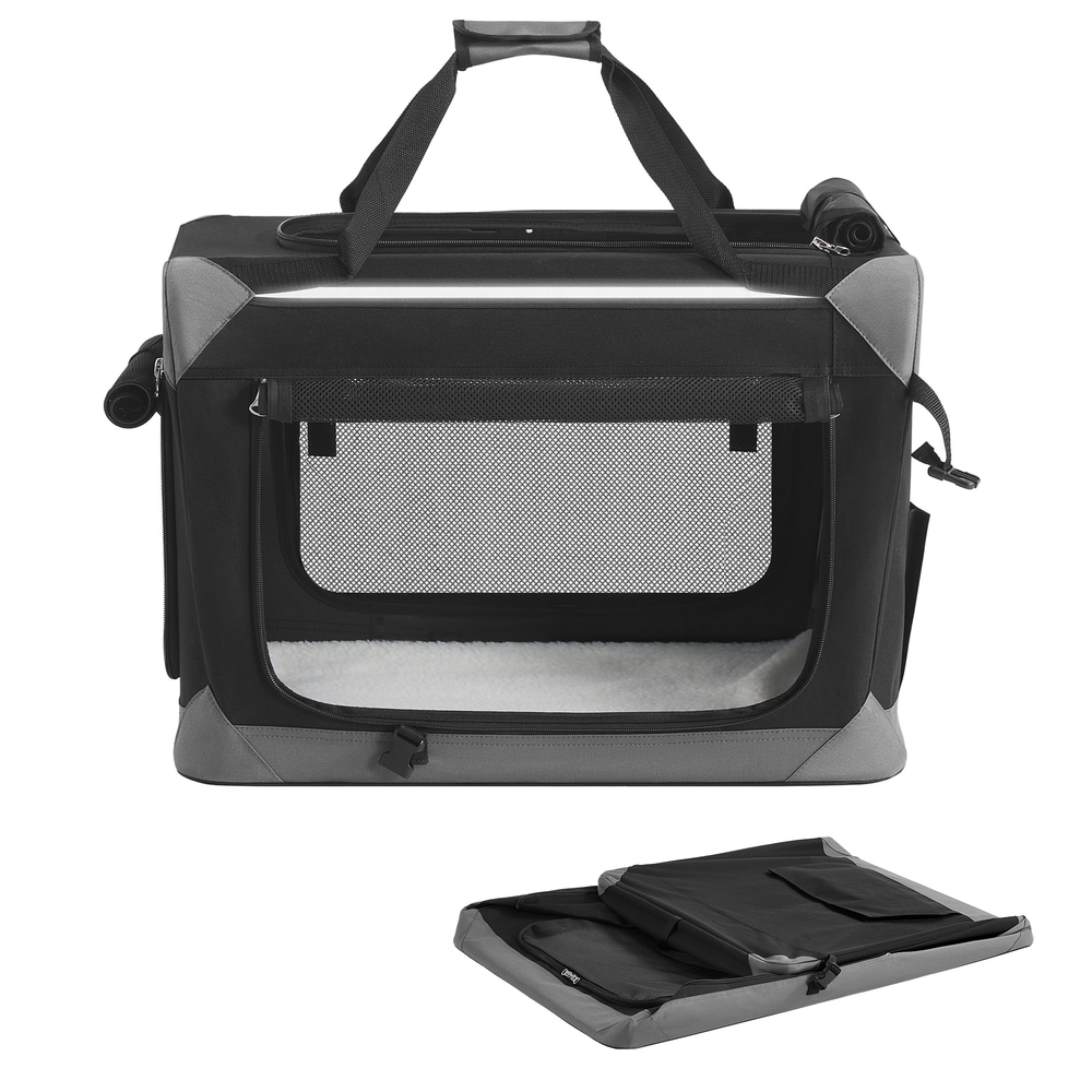 Sammenleggbar transportbur 60 cm / Hundebur med fire nettingdører / Svart og grå transportveske