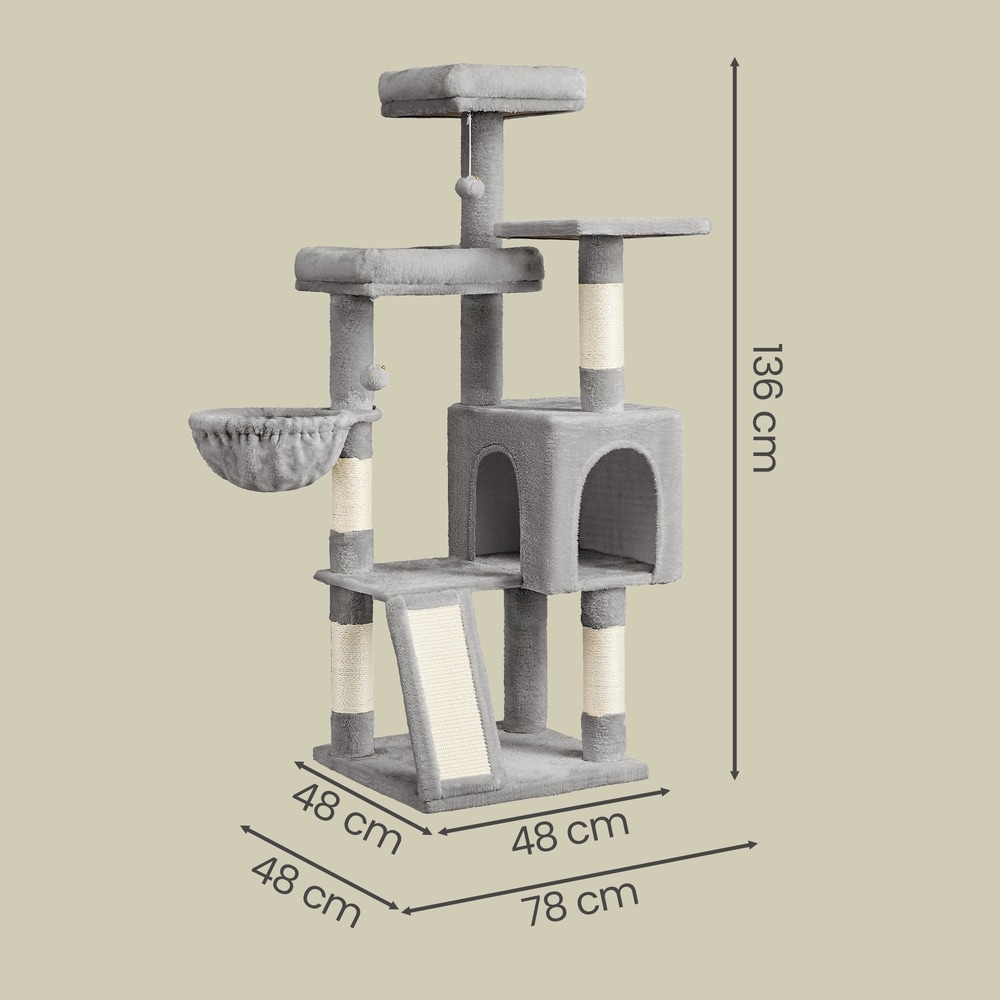 Klatretre 136 cm med klatrerampe / Kattetre med tre plattformer / Klatretre med hule