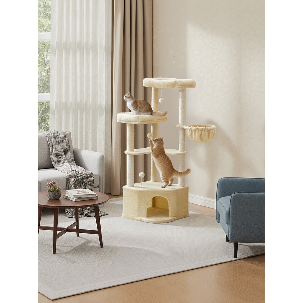 Klatretre 140,7 cm med hule / Kattetre med to plattformer / Klatretre med hengekøye
