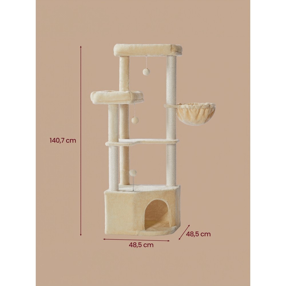 Klatretre 140,7 cm med hule / Kattetre med to plattformer / Klatretre med hengekøye