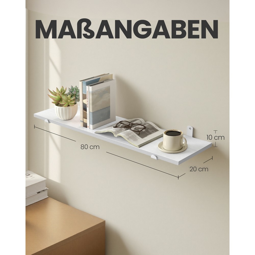 Vegghylle 80 cm med stålfester / Hvit vegghylle / Dekorativ hylle til bøker