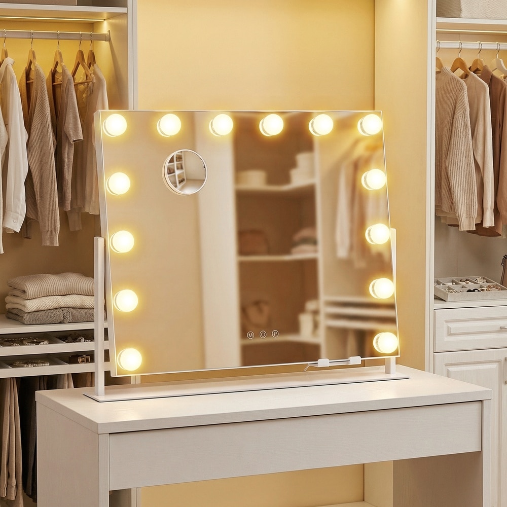 Sminkespeil med 14 LED-lamper / Bordspeil med lysregulering / Kosmetikkpeil med USB-lading