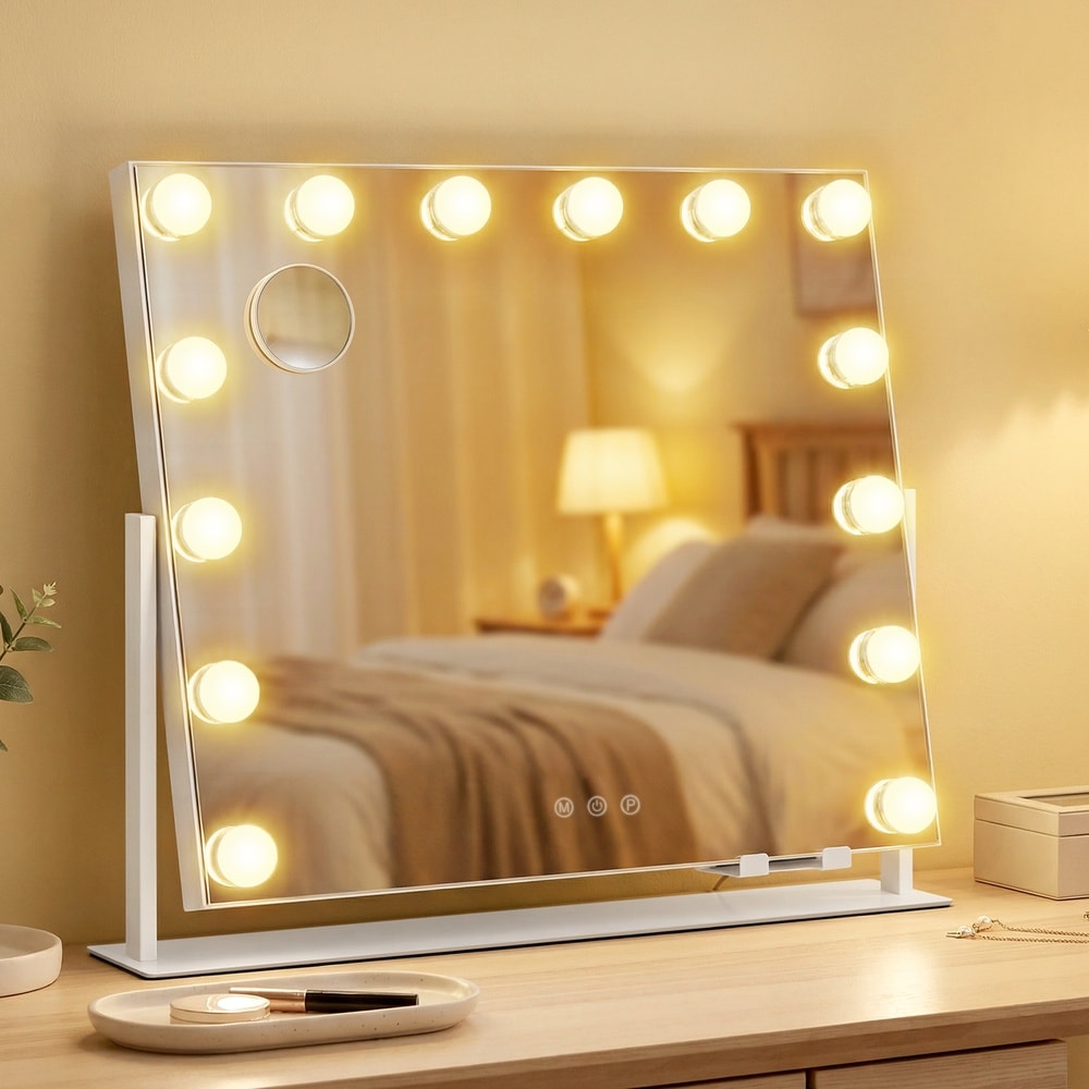 Sminkespeil med 14 LED-lamper / Bordspeil med lysregulering / Kosmetikkpeil med USB-lading