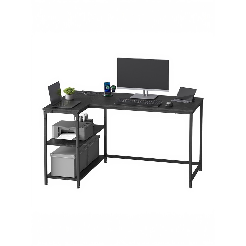 Skrivebord i L-form med stikkontakter / Hjørneskrivebord med hylle / Databord med USB-porter