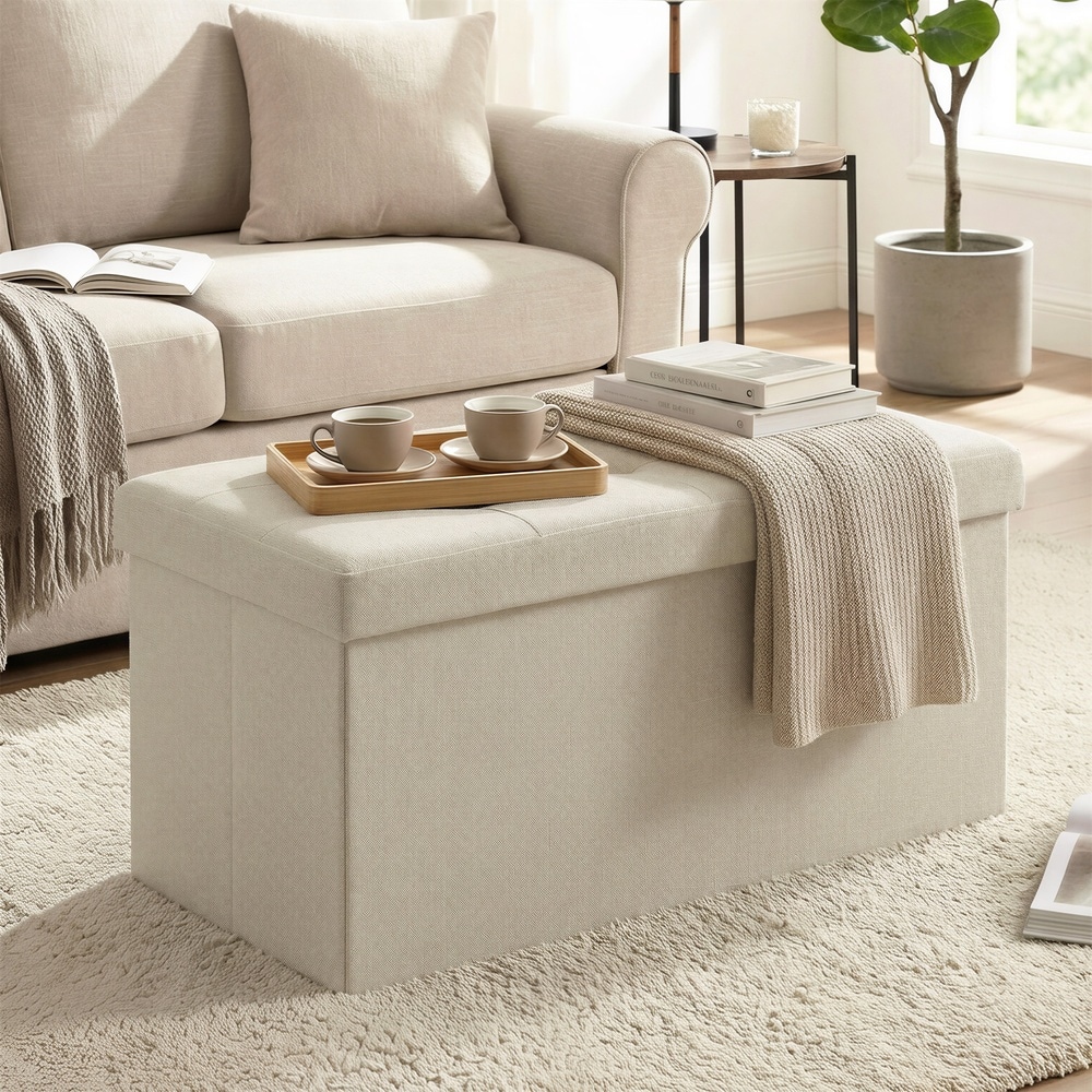 Sammenleggbar benk med oppbevaringsplass / Oppbevaringsbenk 76 cm / Hvit sittepuff med skillevegg