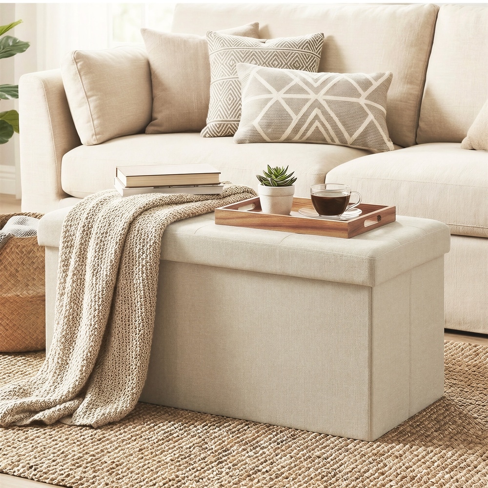 Sammenleggbar benk med oppbevaringsplass / Oppbevaringsbenk 76 cm / Hvit sittepuff med skillevegg