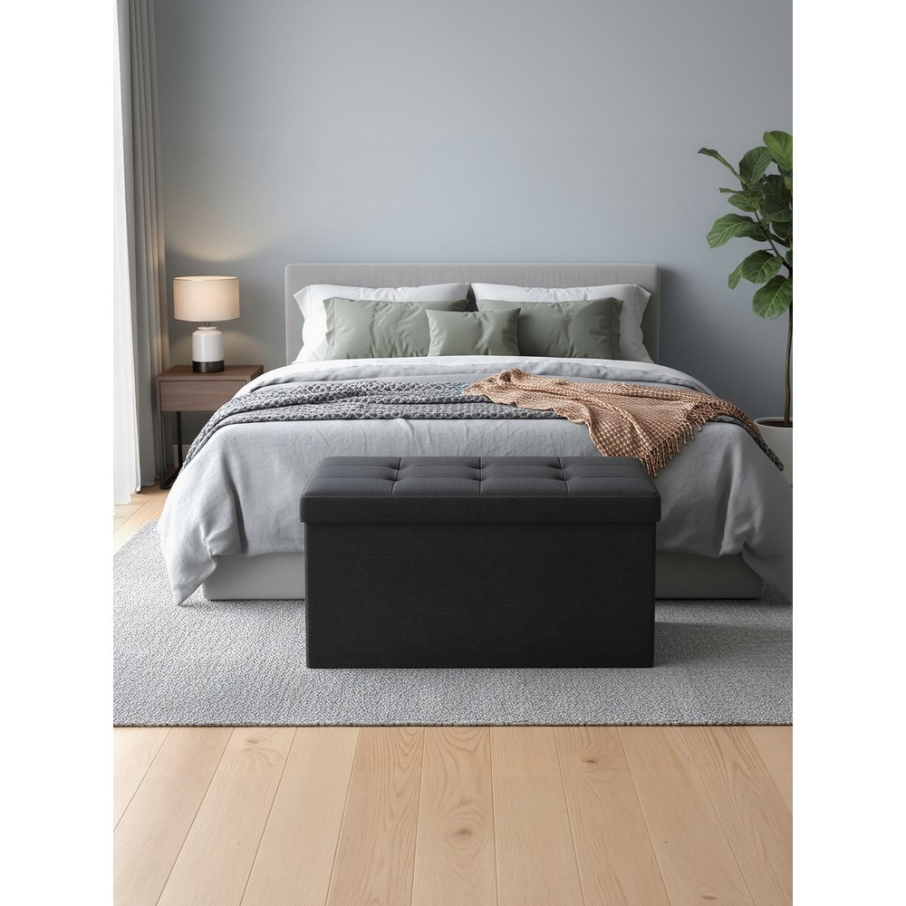 Sammenleggbar benk med oppbevaringsplass / Svart oppbevaringsbenk 76 cm / Sittepuff og fotskammel