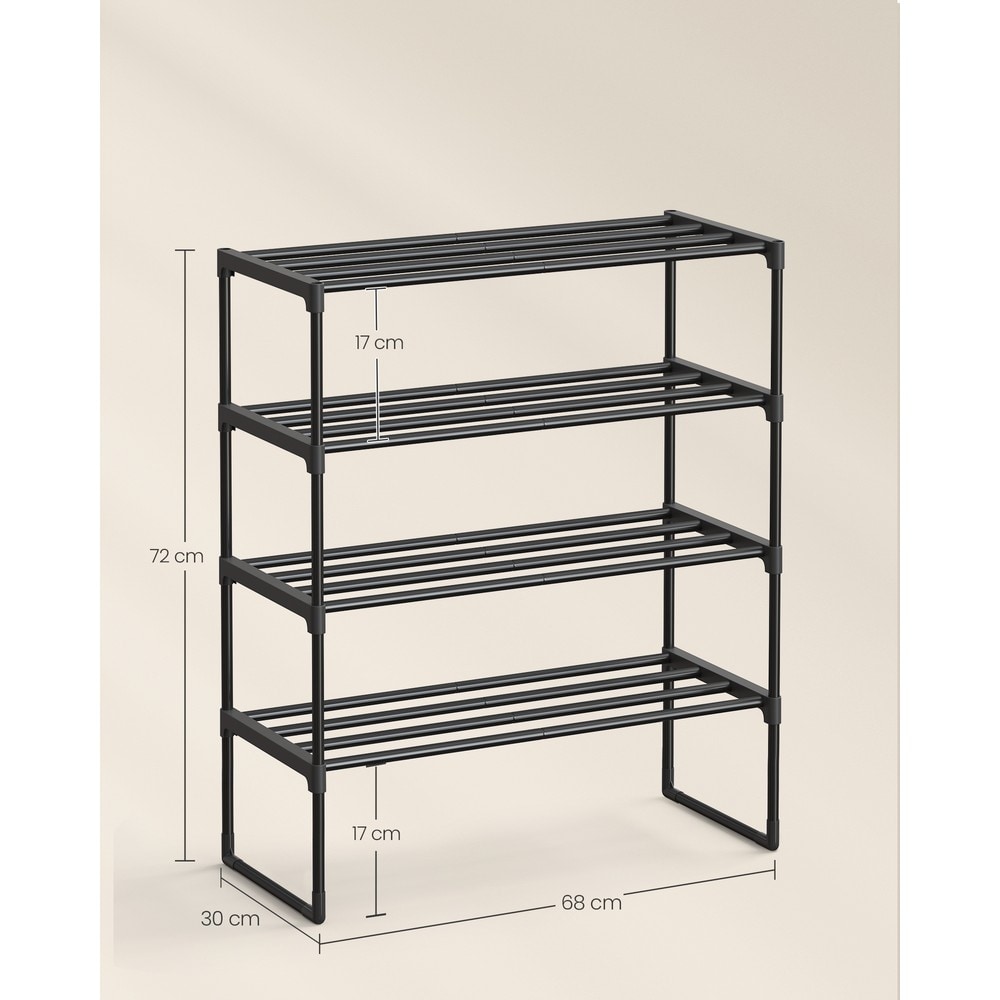 Skohylle med 4 hyller i metall / Svart skohylle 68 cm / Stabelbar skooppbevaring til gangen