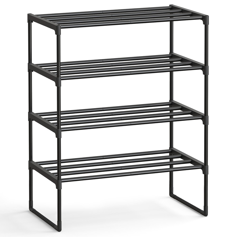 Skohylle med 4 hyller i metall / Svart skohylle 68 cm / Stabelbar skooppbevaring til gangen