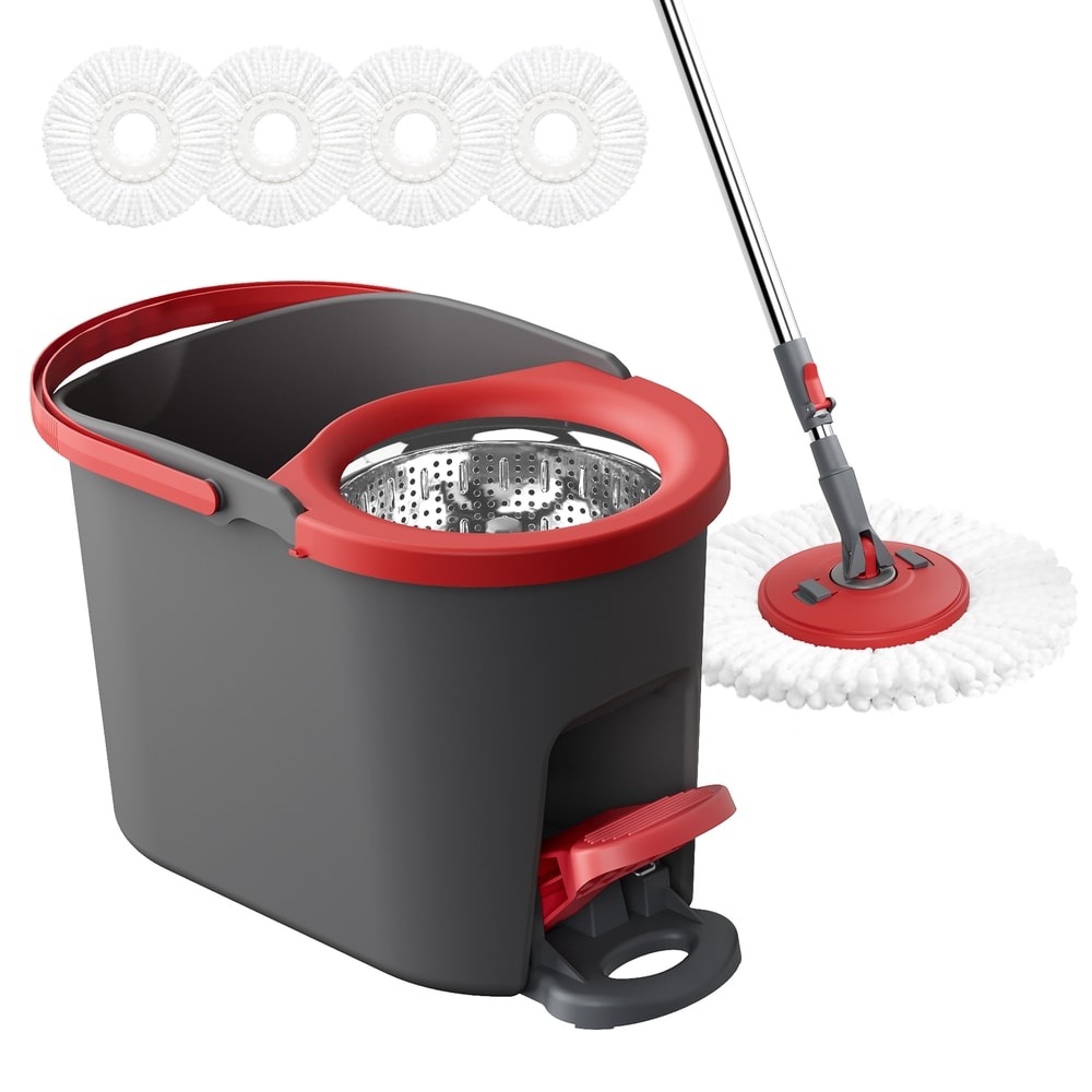 Moppesett med bøtte, pedal og 4 mikrofiberkluter – Grå/Rød / Gulvmopp med bøtte / Sentrifugalmopp
