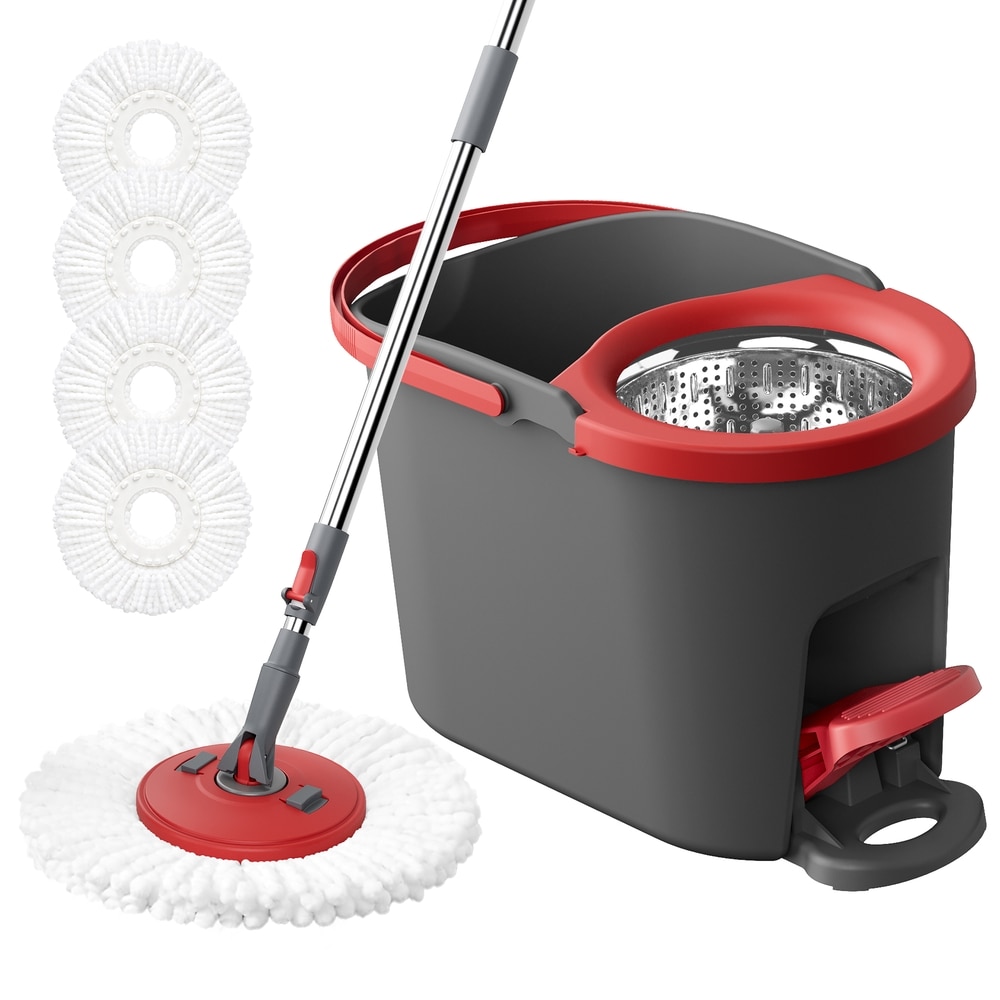 Moppesett med bøtte, pedal og 4 mikrofiberkluter – Grå/Rød / Gulvmopp med bøtte / Sentrifugalmopp